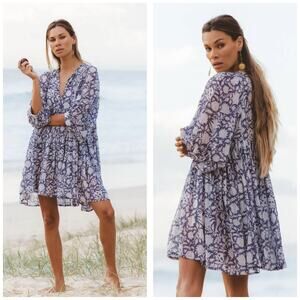 Daughters of India Kyra Mini Dress Size Small Blue Iris Cotton Oversized Boho